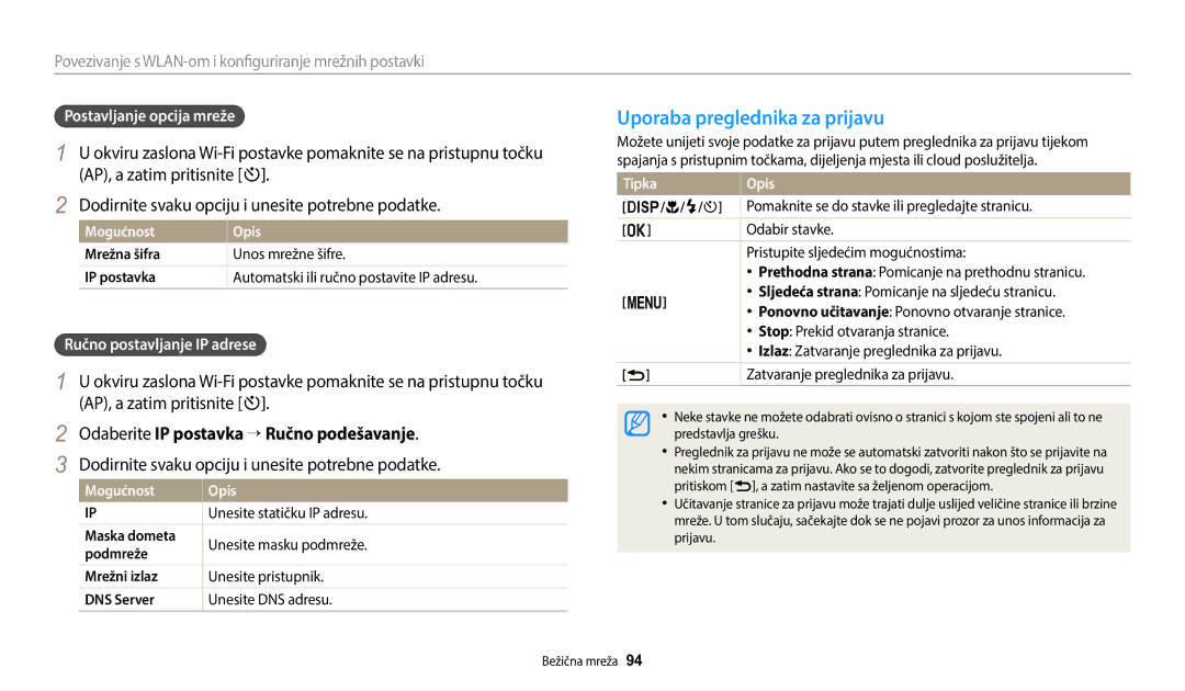 Samsung EC-WB1100BPBE3 manual Uporaba preglednika za prijavu, AP, a zatim pritisnite t, Postavljanje opcija mreže 