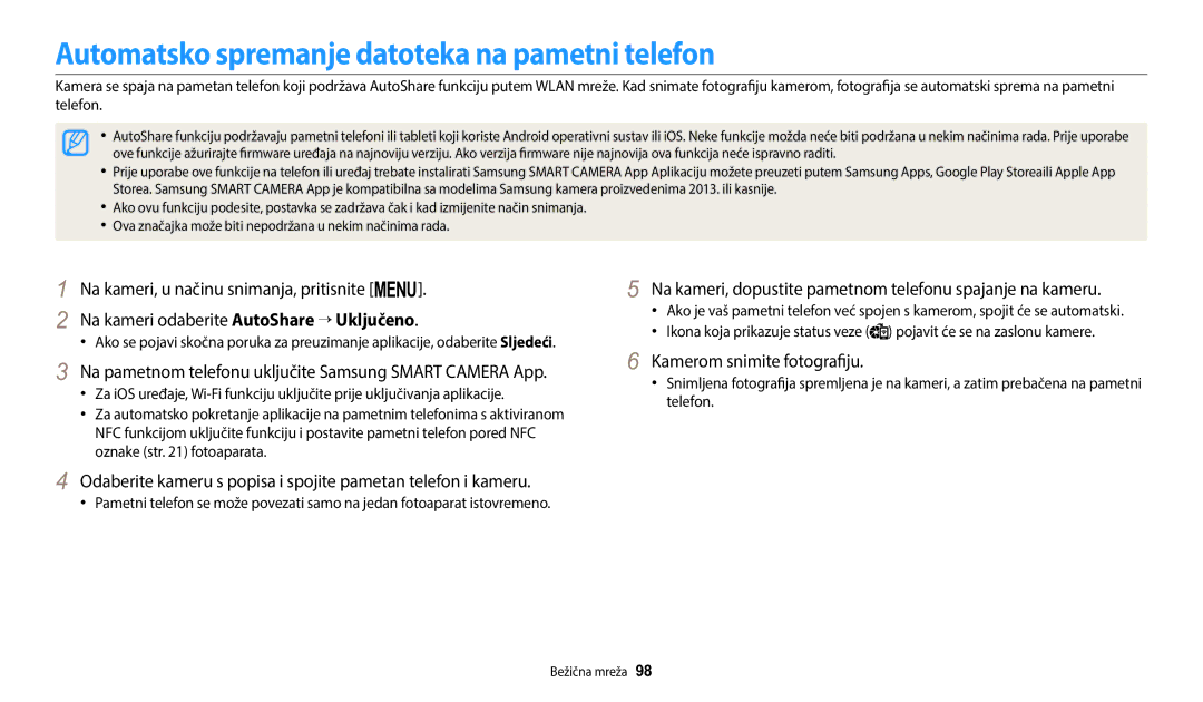 Samsung EC-WB1100BPBE3 manual Automatsko spremanje datoteka na pametni telefon, Kamerom snimite fotografiju 