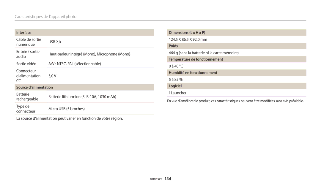 Samsung EC-WB1100BPRFR manual Interface, Source d’alimentation, Dimensions L x H x P, Poids, Température de fonctionnement 