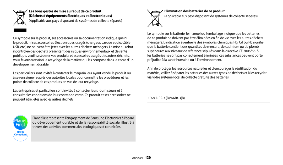 Samsung EC-WB1100BPBFR, EC-WB1100BPRFR manual Elimination des batteries de ce produit 