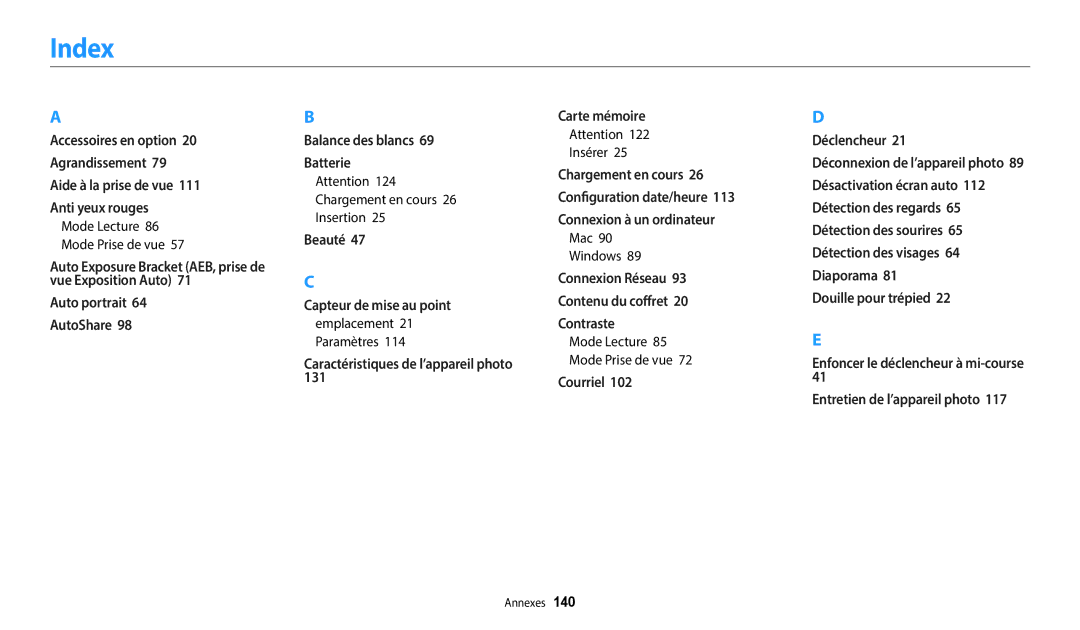 Samsung EC-WB1100BPRFR manual Index, Mode Lecture Mode Prise de vue, Chargement en cours Insertion, Insérer, Mac Windows 