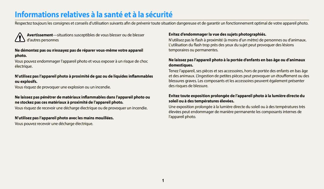 Samsung EC-WB1100BPBFR Informations relatives à la santé et à la sécurité, Vous pouvez recevoir une décharge électrique 