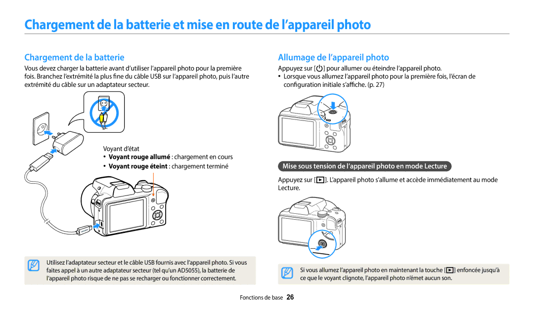 Samsung EC-WB1100BPRFR Chargement de la batterie, Allumage de l’appareil photo, Voyant rouge éteint chargement terminé 