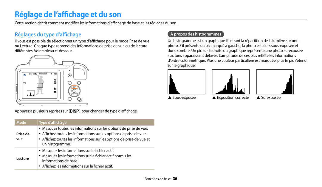 Samsung EC-WB1100BPBFR manual Réglage de l’affichage et du son, Réglages du type d’affichage, Propos des histogrammes, Vue 