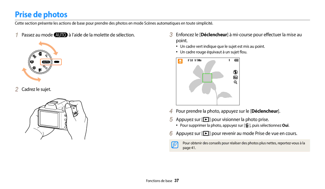 Samsung EC-WB1100BPBFR, EC-WB1100BPRFR manual Prise de photos, Appuyez sur P pour revenir au mode Prise de vue en cours 