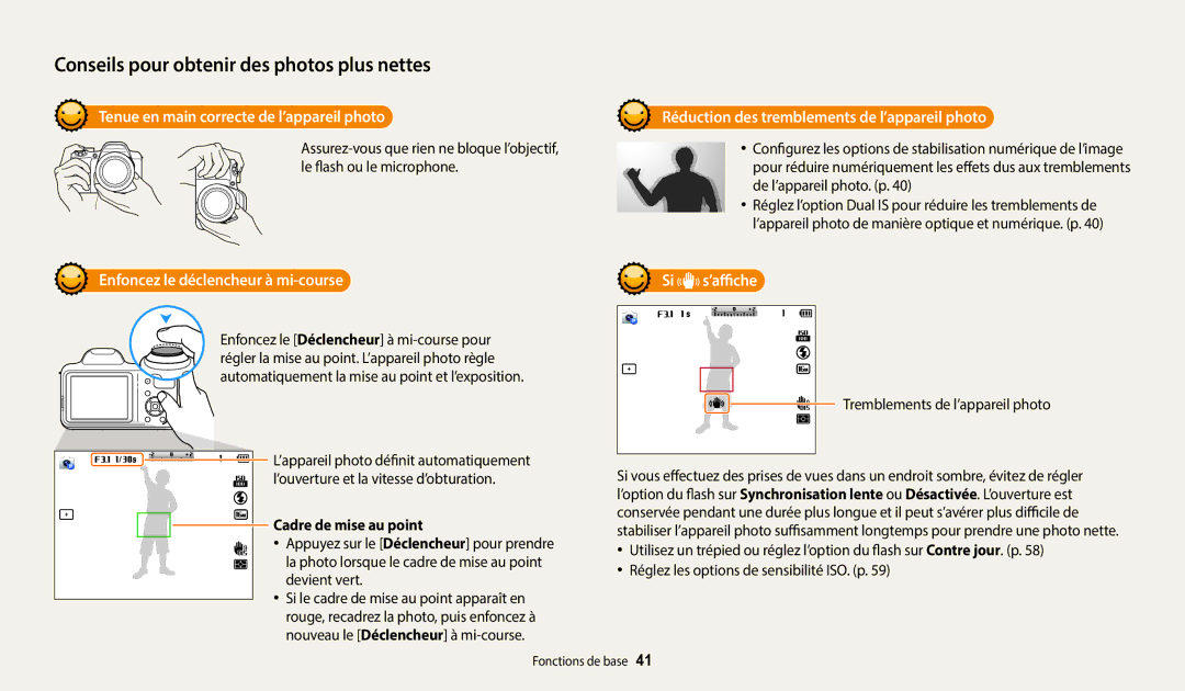 Samsung EC-WB1100BPBFR, EC-WB1100BPRFR Tenue en main correcte de l’appareil photo, Enfoncez le déclencheur à mi-course 