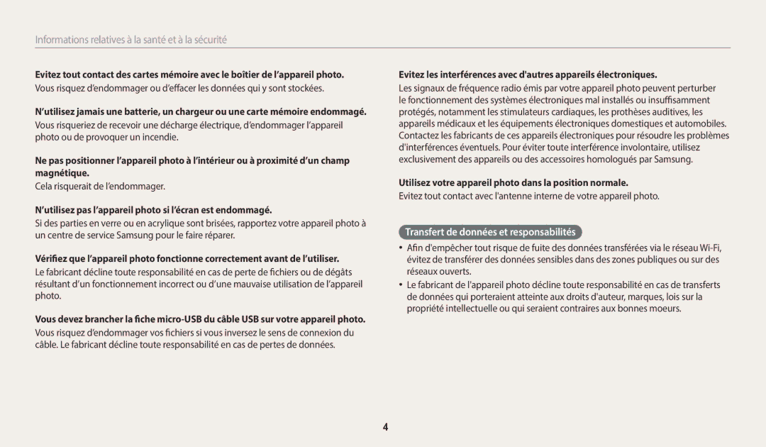 Samsung EC-WB1100BPRFR, EC-WB1100BPBFR manual Transfert de données et responsabilités, Cela risquerait de l’endommager 