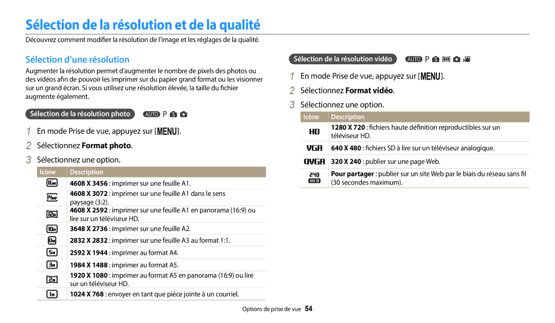 Samsung EC-WB1100BPRFR, EC-WB1100BPBFR manual Sélection de la résolution et de la qualité, Sélection d’une résolution 