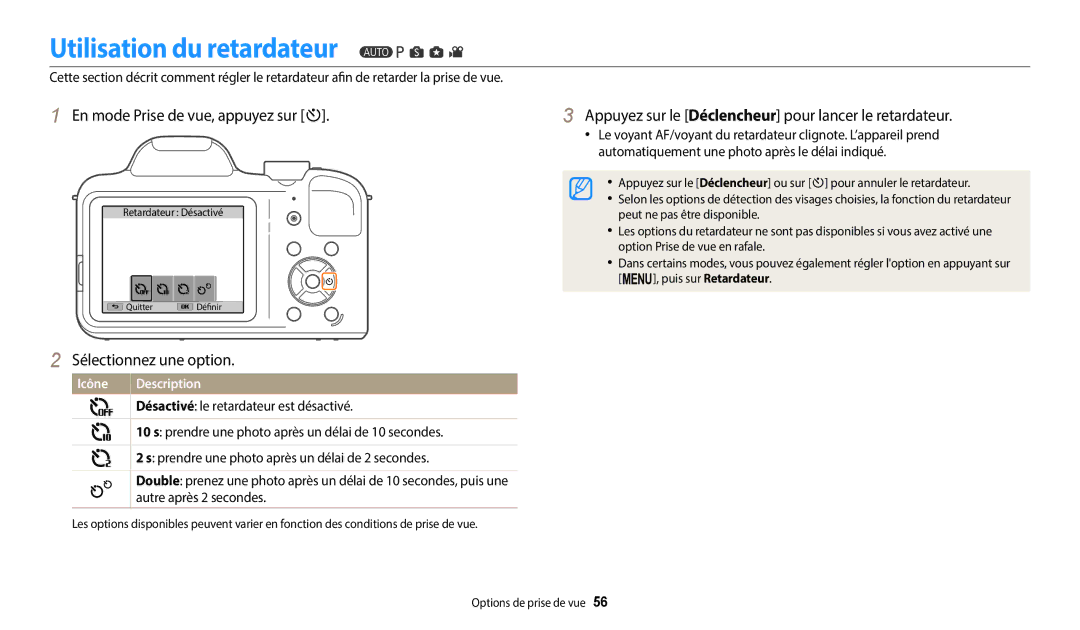 Samsung EC-WB1100BPRFR, EC-WB1100BPBFR manual Utilisation du retardateur, En mode Prise de vue, appuyez sur t 