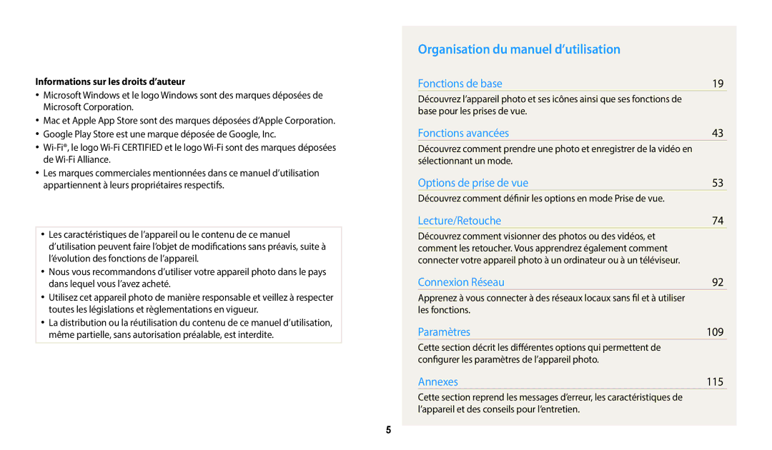 Samsung EC-WB1100BPBFR manual Organisation du manuel d’utilisation, 109, 115, Informations sur les droits d’auteur 