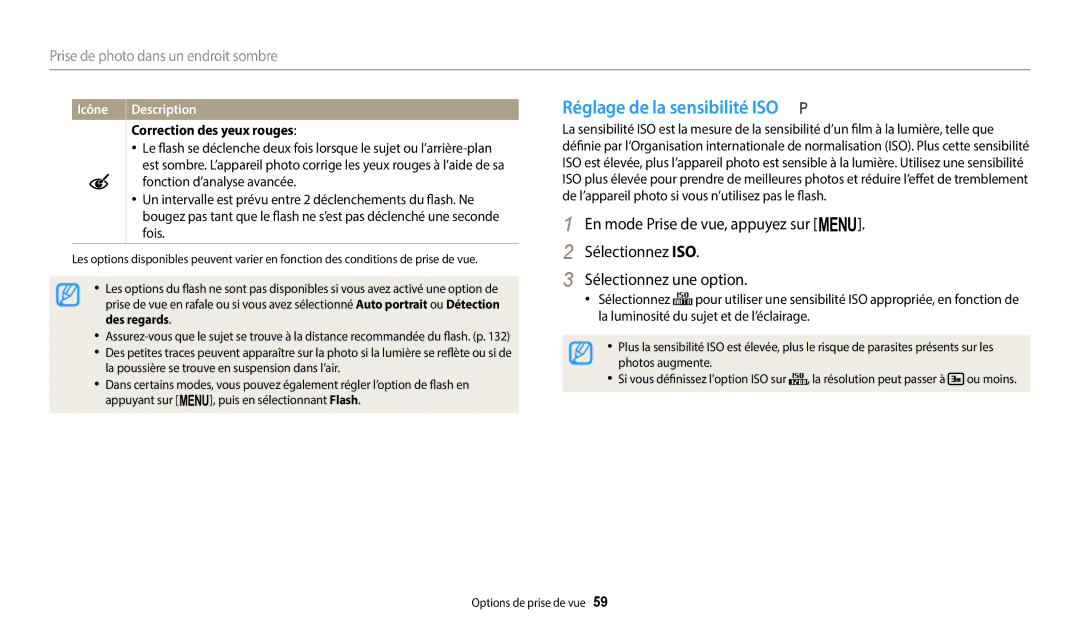 Samsung EC-WB1100BPBFR, EC-WB1100BPRFR manual Réglage de la sensibilité ISO, Correction des yeux rouges 