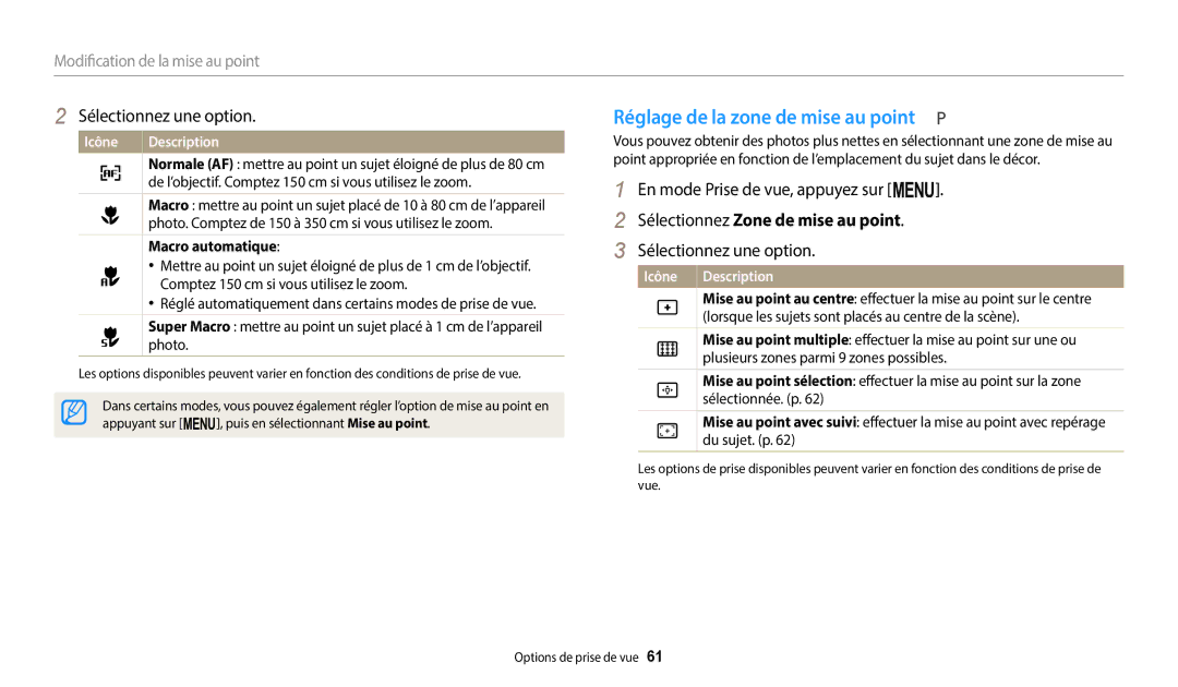 Samsung EC-WB1100BPBFR manual Réglage de la zone de mise au point, Sélectionnez Zone de mise au point, Macro automatique 