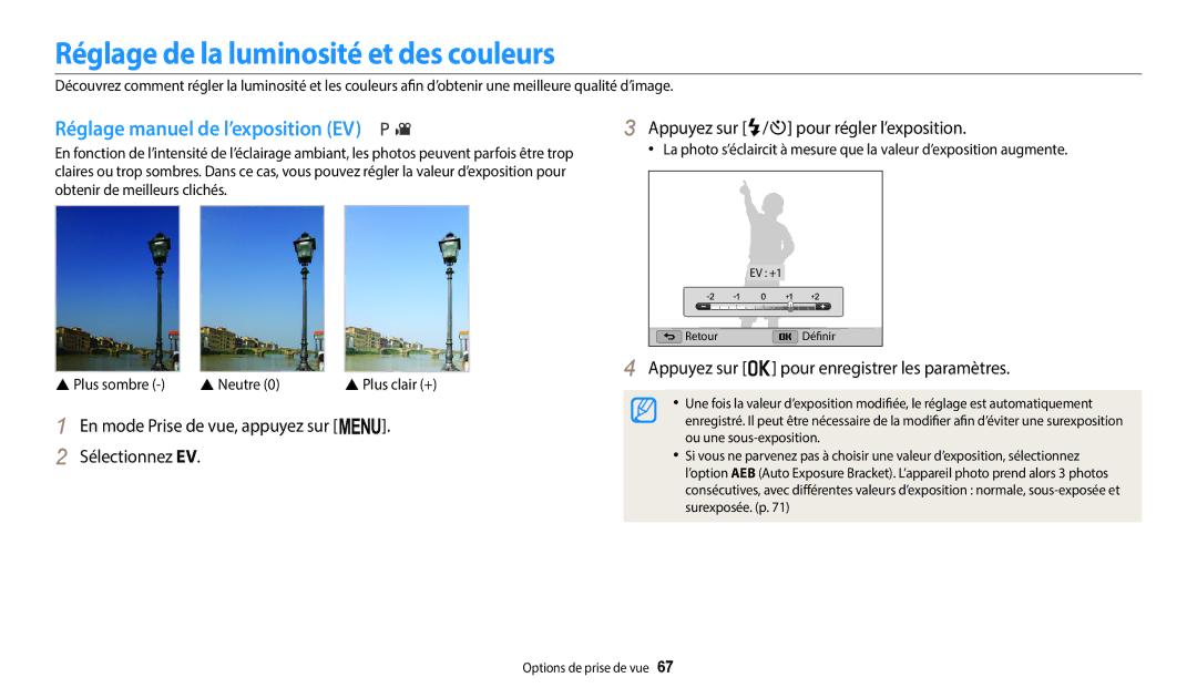 Samsung EC-WB1100BPBFR manual Réglage de la luminosité et des couleurs, Réglage manuel de l’exposition EV,  Neutre 