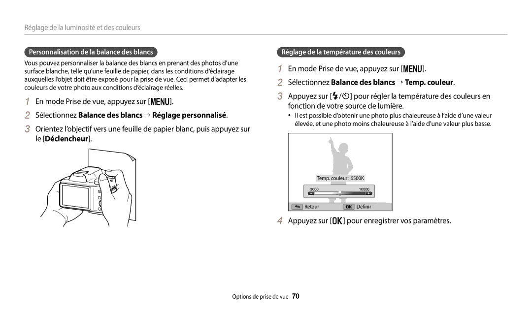 Samsung EC-WB1100BPRFR Sélectionnez Balance des blancs → Réglage personnalisé, Personnalisation de la balance des blancs 