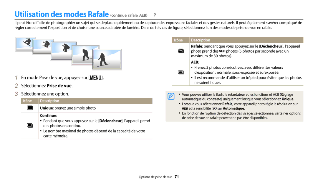 Samsung EC-WB1100BPBFR, EC-WB1100BPRFR manual Utilisation des modes Rafale continue, rafale, AEB, Continue 