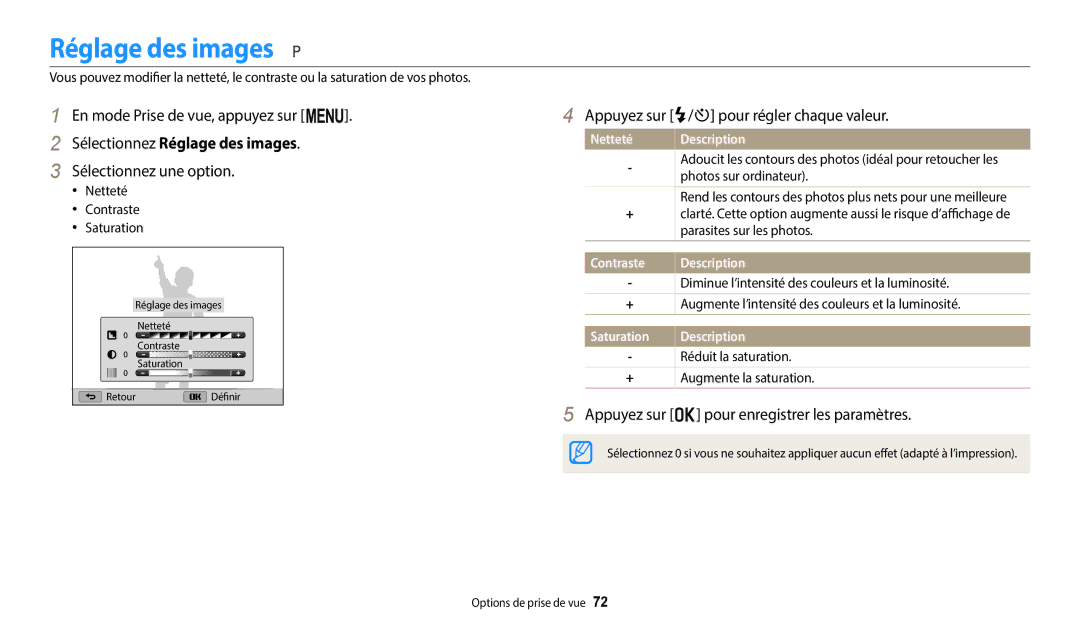 Samsung EC-WB1100BPRFR, EC-WB1100BPBFR manual Sélectionnez Réglage des images, Appuyez sur F/t pour régler chaque valeur 