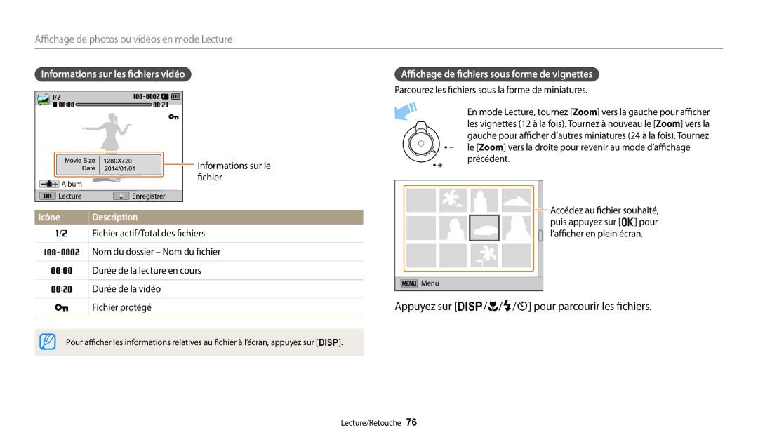 Samsung EC-WB1100BPRFR manual Appuyez sur D/c/F/t pour parcourir les fichiers, Informations sur les fichiers vidéo 