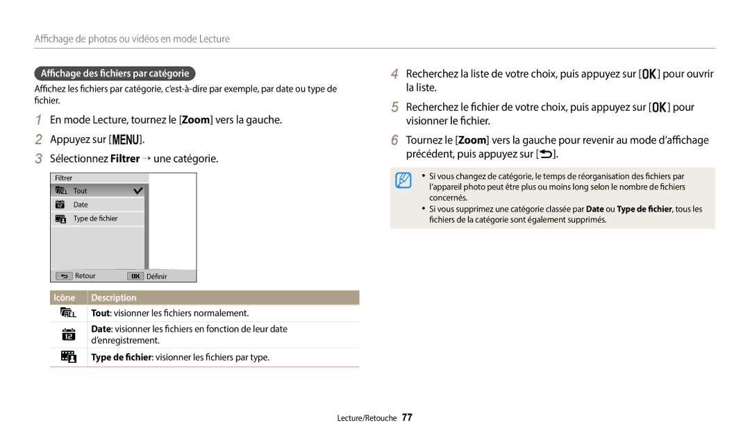 Samsung EC-WB1100BPBFR, EC-WB1100BPRFR manual Affichage des fichiers par catégorie 