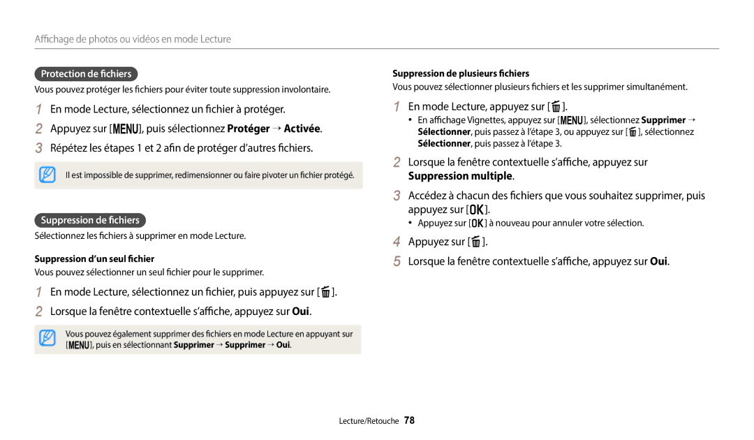 Samsung EC-WB1100BPRFR, EC-WB1100BPBFR En mode Lecture, appuyez sur f, Protection de fichiers, Suppression de fichiers 