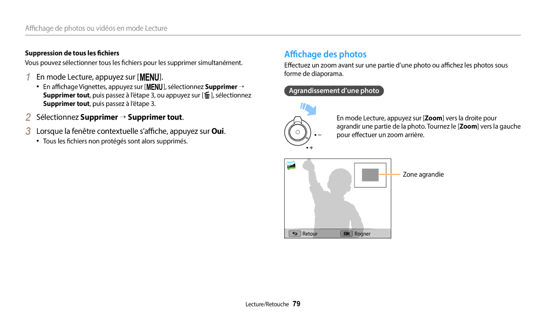 Samsung EC-WB1100BPBFR manual Affichage des photos, En mode Lecture, appuyez sur m, Sélectionnez Supprimer → Supprimer tout 