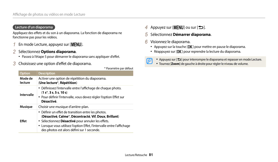 Samsung EC-WB1100BPBFR Sélectionnez Options diaporama, Choisissez une option d’effet de diaporama, Appuyez sur m ou sur r 