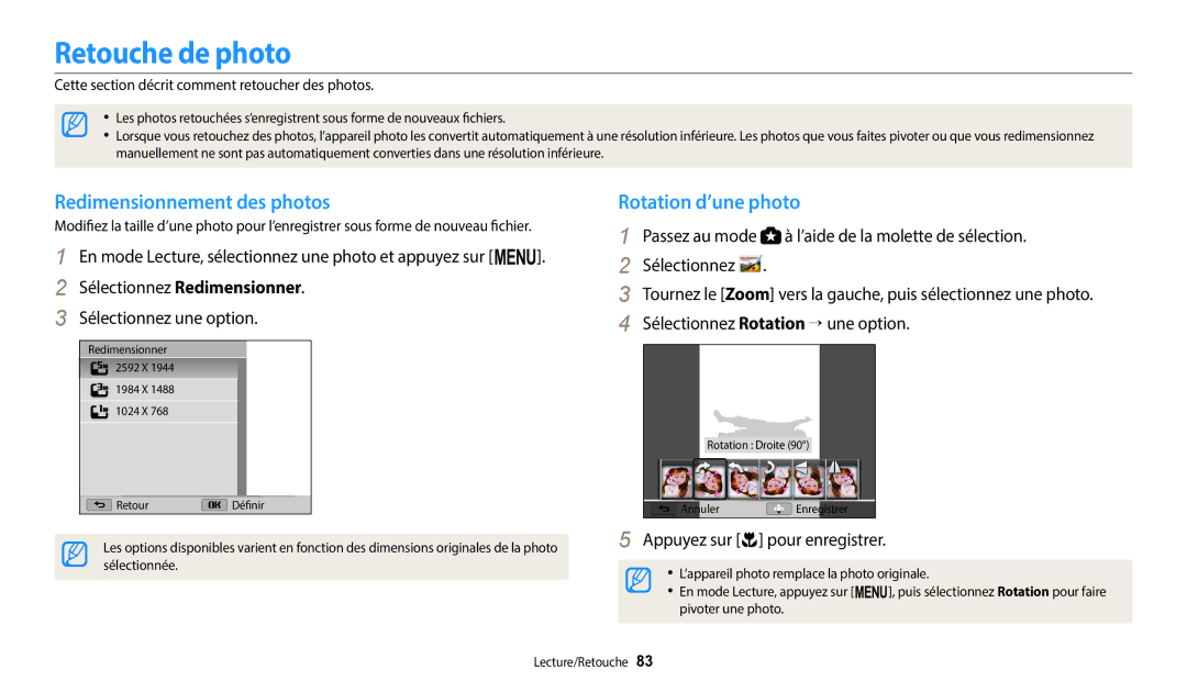 Samsung EC-WB1100BPBFR, EC-WB1100BPRFR manual Retouche de photo, Redimensionnement des photos, Rotation d’une photo 