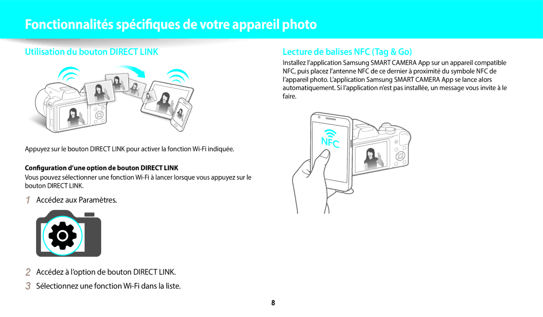 Samsung EC-WB1100BPRFR, EC-WB1100BPBFR Accédez aux Paramètres, Faire, Configuration d’une option de bouton Direct Link 