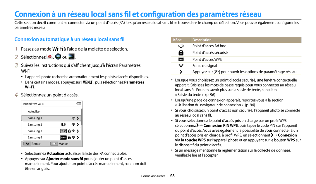 Samsung EC-WB1100BPBFR, EC-WB1100BPRFR Connexion automatique à un réseau local sans fil, Sélectionnez un point d’accès 