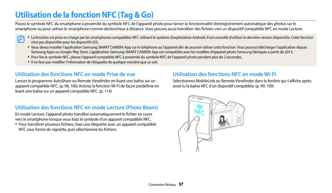 Samsung EC-WB1100BPBFR manual Utilisation de la fonction NFC Tag & Go, Utilisation des fonctions NFC en mode Prise de vue 