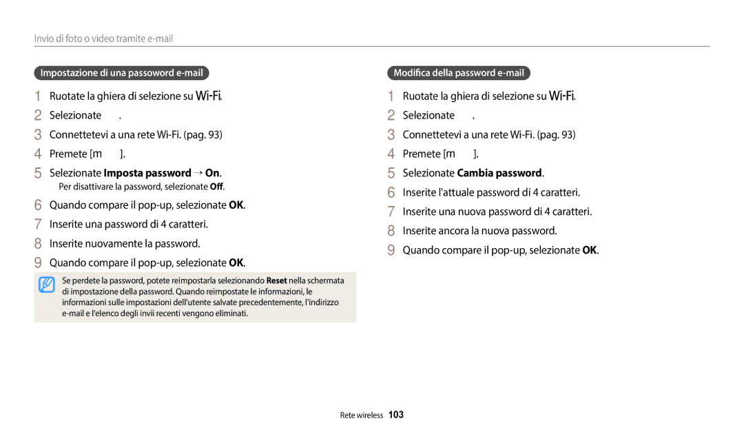 Samsung EC-WB1100BPBTR Selezionate Imposta password → On, Selezionate Cambia password, Modifica della password e-mail 