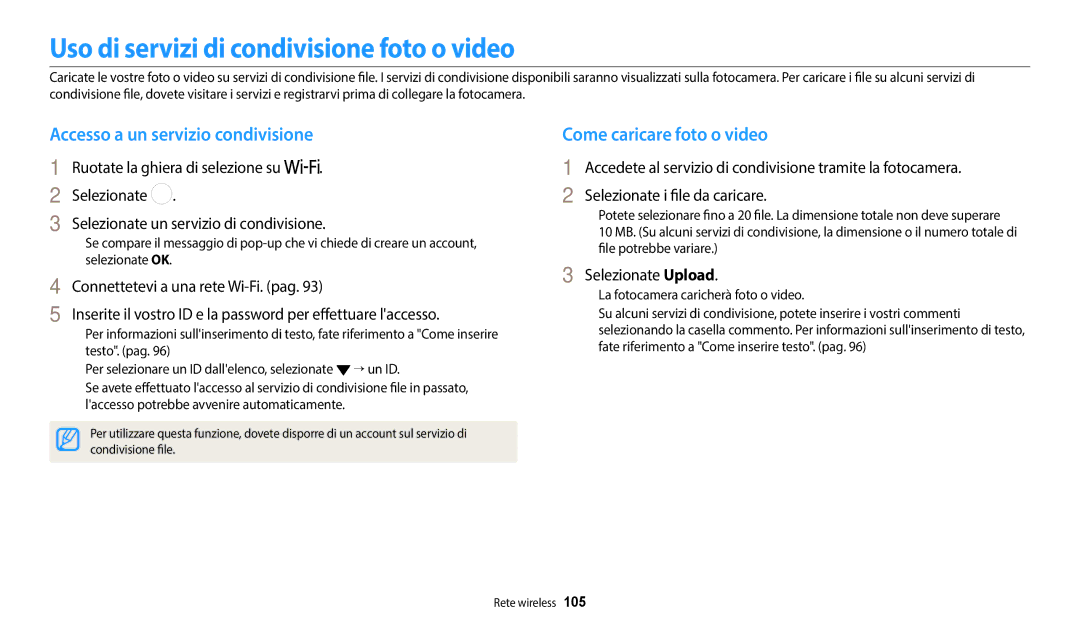 Samsung EC-WB1100BPBTR Uso di servizi di condivisione foto o video, Accesso a un servizio condivisione, Selezionate Upload 