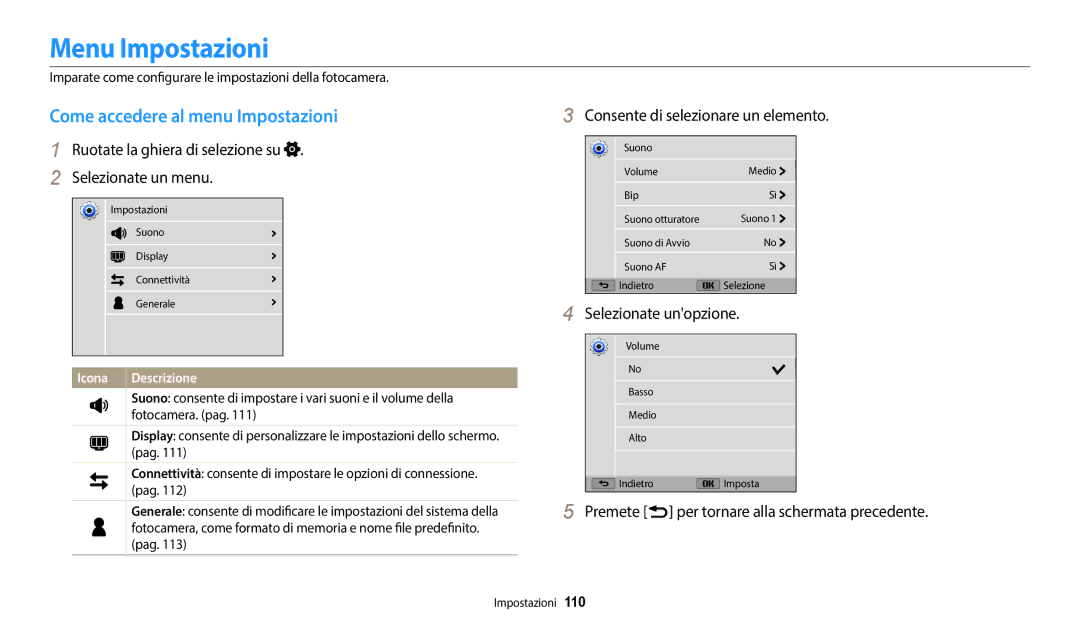 Samsung EC-WB1100BPBE1 manual Menu Impostazioni, Come accedere al menu Impostazioni, Consente di selezionare un elemento 