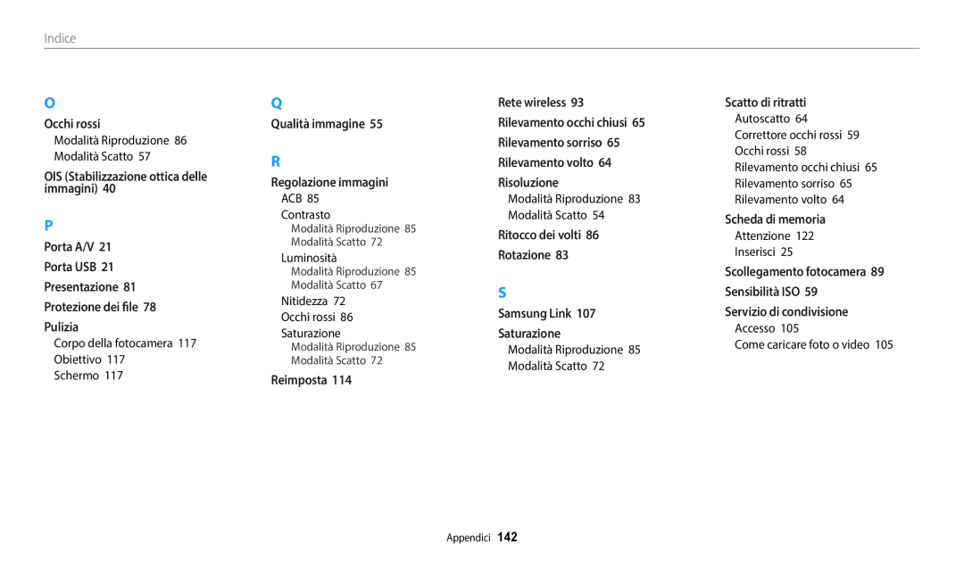 Samsung EC-WB1100BPBE1 Modalità Riproduzione 86 Modalità Scatto, Corpo della fotocamera 117 Obiettivo Schermo, Luminosità 