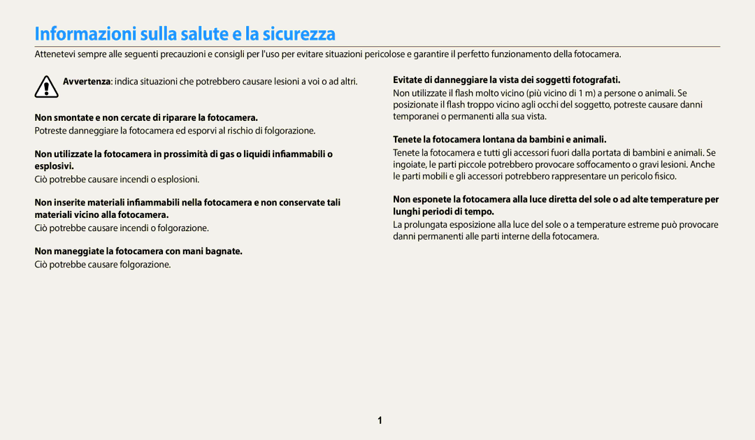 Samsung EC-WB1100BPBTR Informazioni sulla salute e la sicurezza, Non smontate e non cercate di riparare la fotocamera 