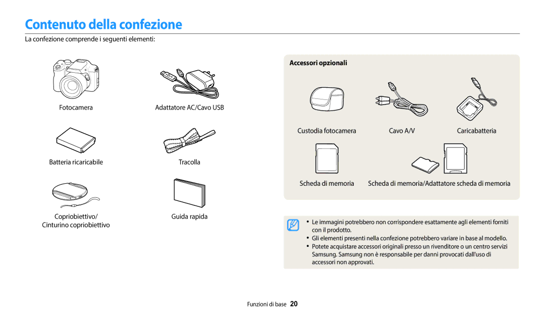 Samsung EC-WB1100BPBE1, EC-WB1100BPBTR manual Contenuto della confezione, Accessori opzionali 