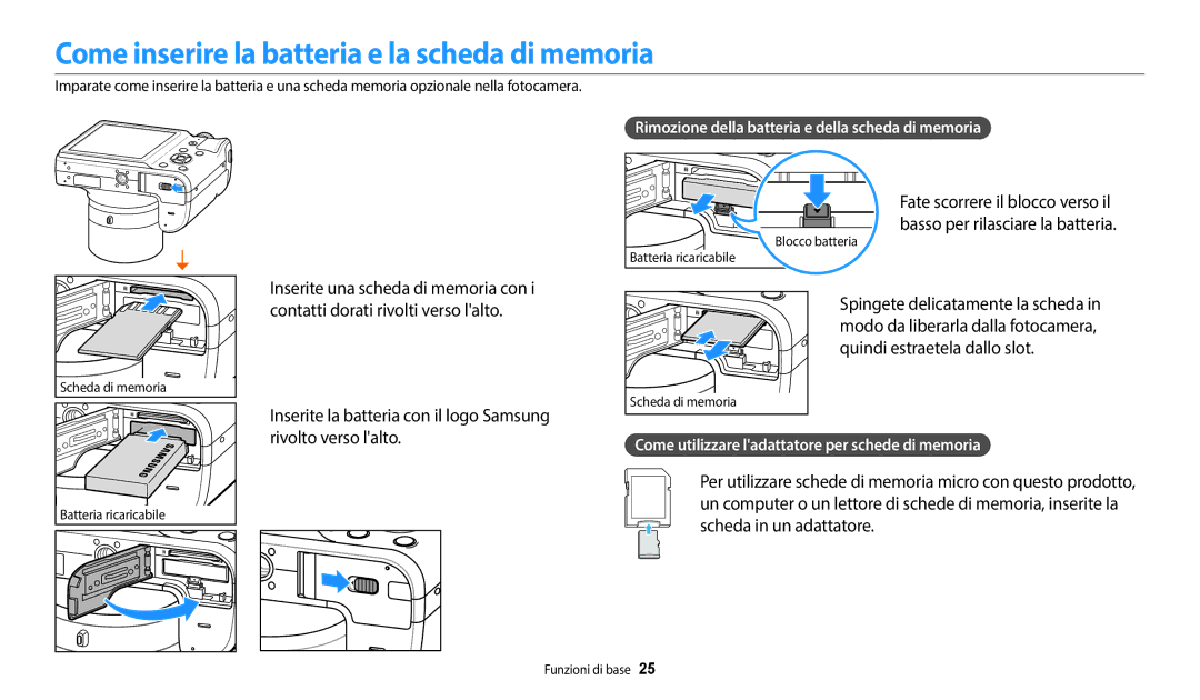 Samsung EC-WB1100BPBTR manual Come inserire la batteria e la scheda di memoria, Inserite la batteria con il logo Samsung 