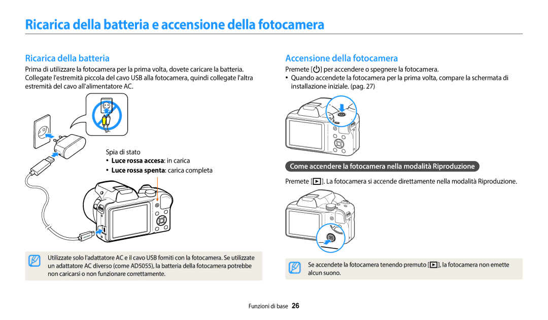 Samsung EC-WB1100BPBE1, EC-WB1100BPBTR Ricarica della batteria e accensione della fotocamera, Accensione della fotocamera 