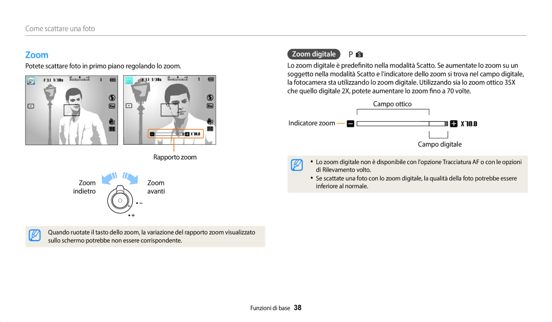 Samsung EC-WB1100BPBE1 manual Come scattare una foto, Zoom digitale, Campo ottico Indicatore zoom Campo digitale 