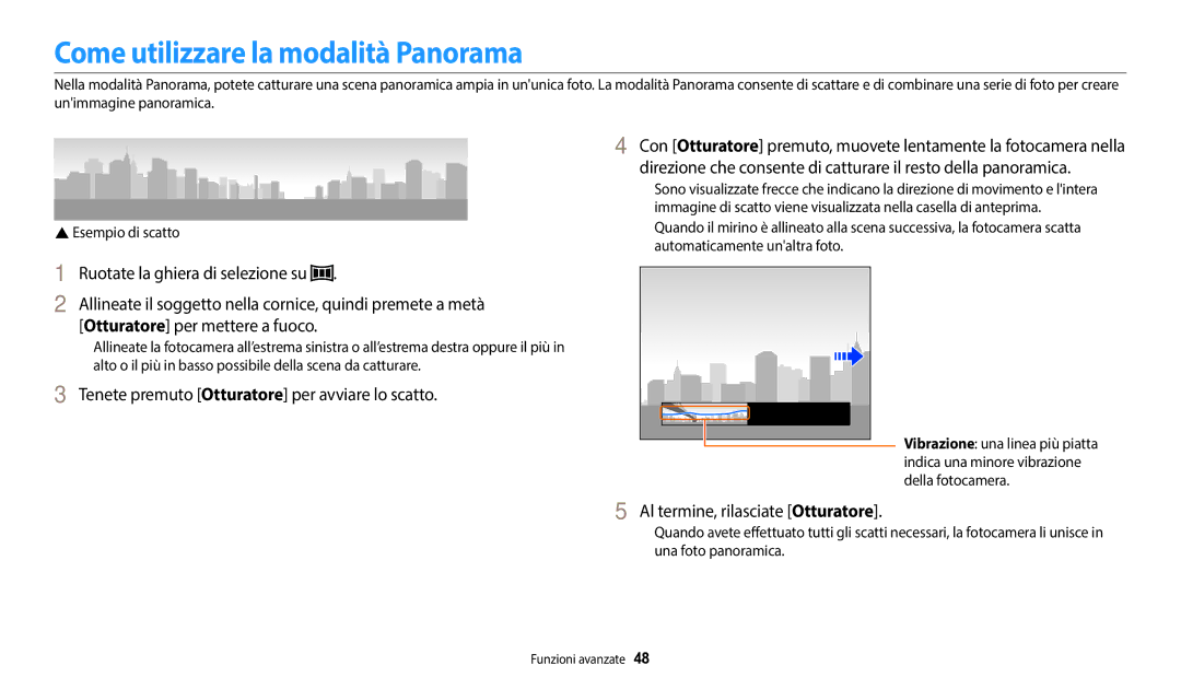 Samsung EC-WB1100BPBE1 manual Come utilizzare la modalità Panorama, Tenete premuto Otturatore per avviare lo scatto 