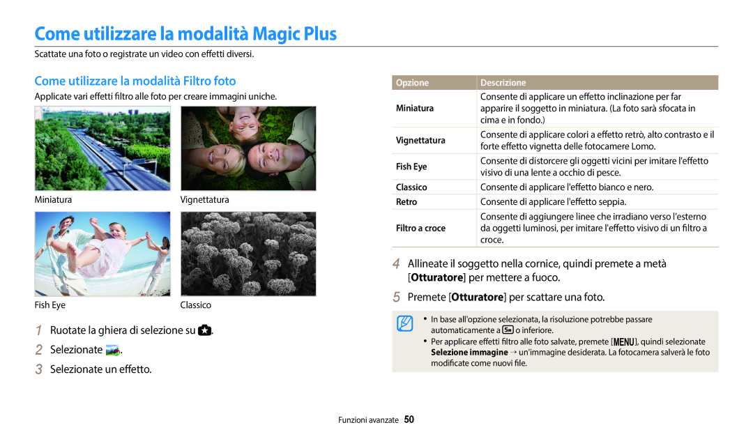 Samsung EC-WB1100BPBE1, EC-WB1100BPBTR Come utilizzare la modalità Magic Plus, Come utilizzare la modalità Filtro foto 