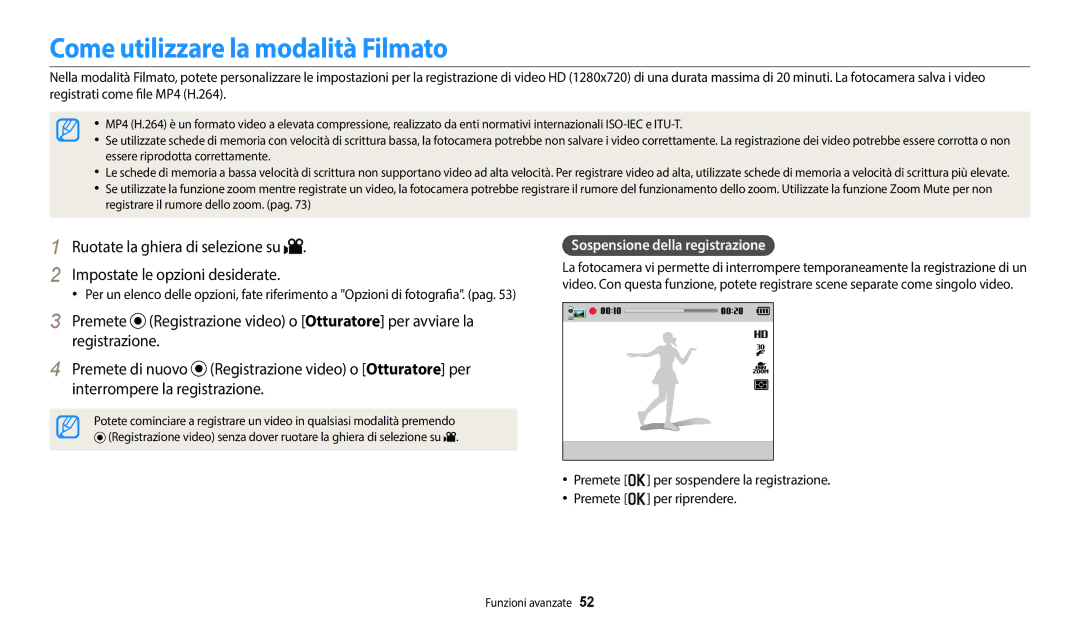 Samsung EC-WB1100BPBE1, EC-WB1100BPBTR manual Come utilizzare la modalità Filmato, Sospensione della registrazione 