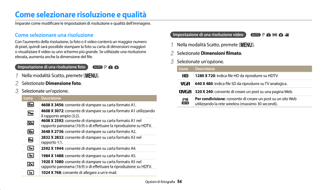 Samsung EC-WB1100BPBE1, EC-WB1100BPBTR manual Come selezionare risoluzione e qualità, Come selezionare una risoluzione 