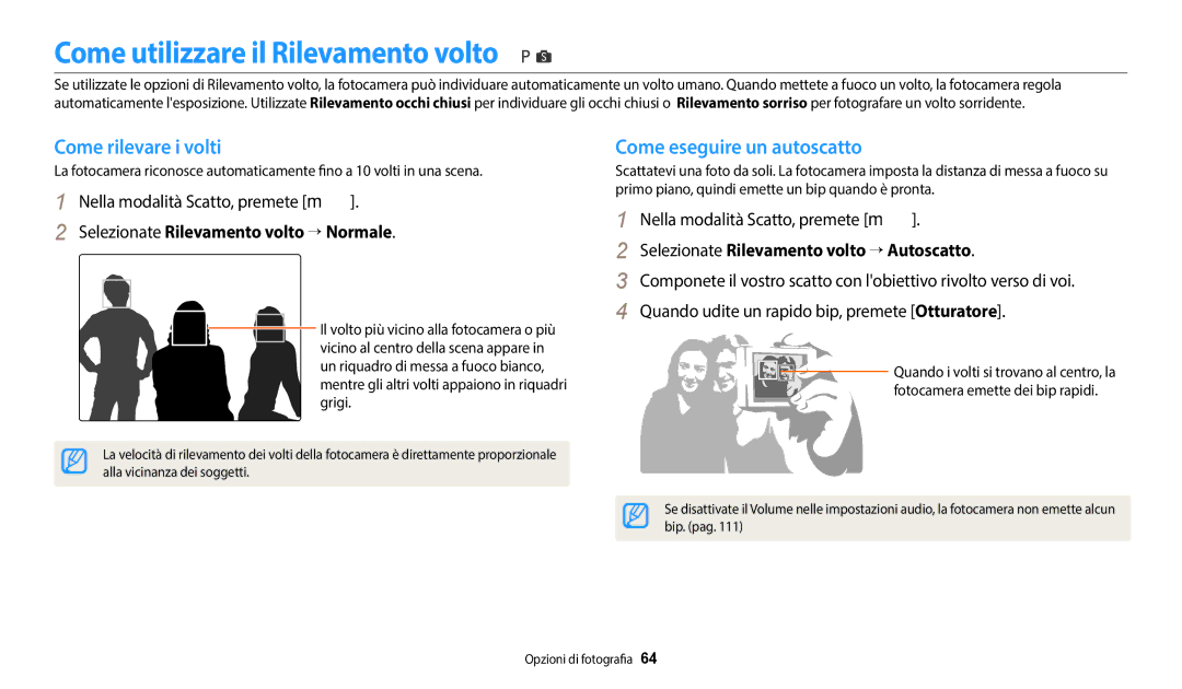 Samsung EC-WB1100BPBE1 manual Come utilizzare il Rilevamento volto, Come rilevare i volti, Come eseguire un autoscatto 