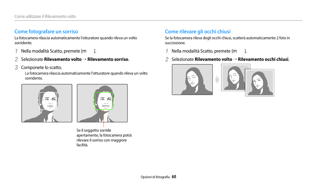 Samsung EC-WB1100BPBTR, EC-WB1100BPBE1 Come fotografare un sorriso, Come rilevare gli occhi chiusi, Componete lo scatto 