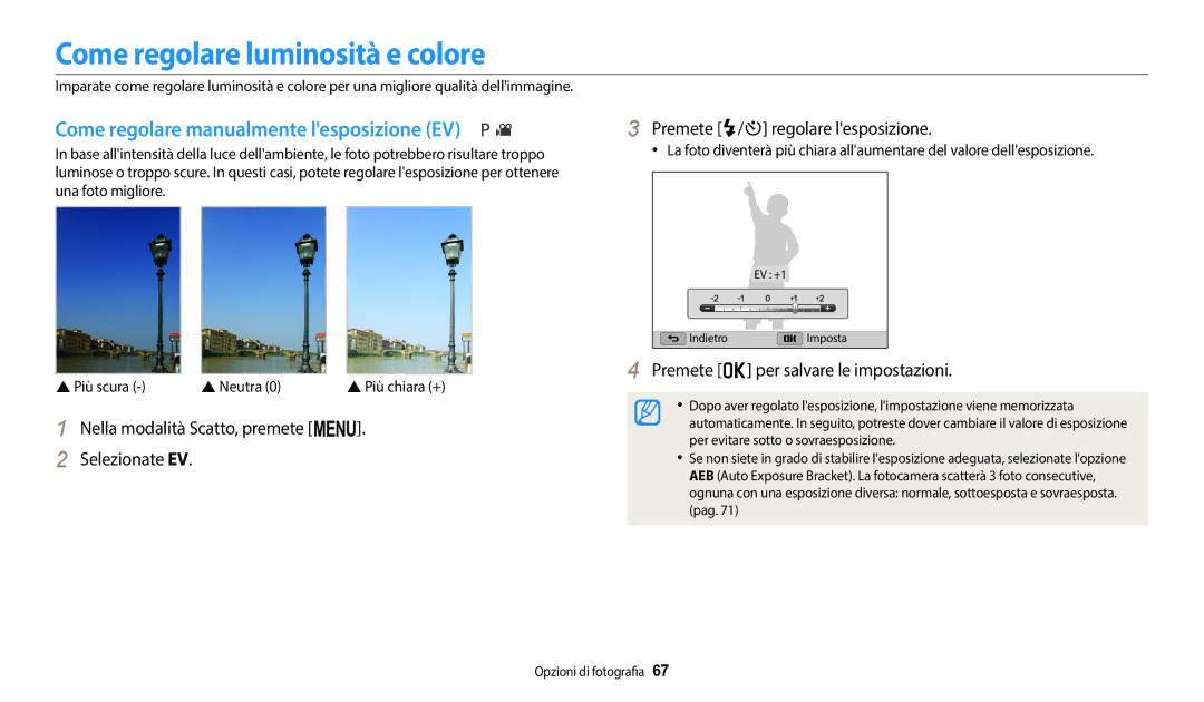 Samsung EC-WB1100BPBTR, EC-WB1100BPBE1 Come regolare luminosità e colore, Come regolare manualmente lesposizione EV 