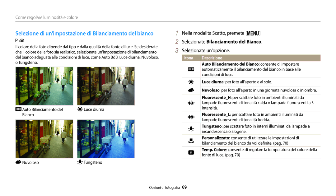 Samsung EC-WB1100BPBTR manual Selezionate Bilanciamento del Bianco, Auto Bilanciamento del Bianco consente di impostare 