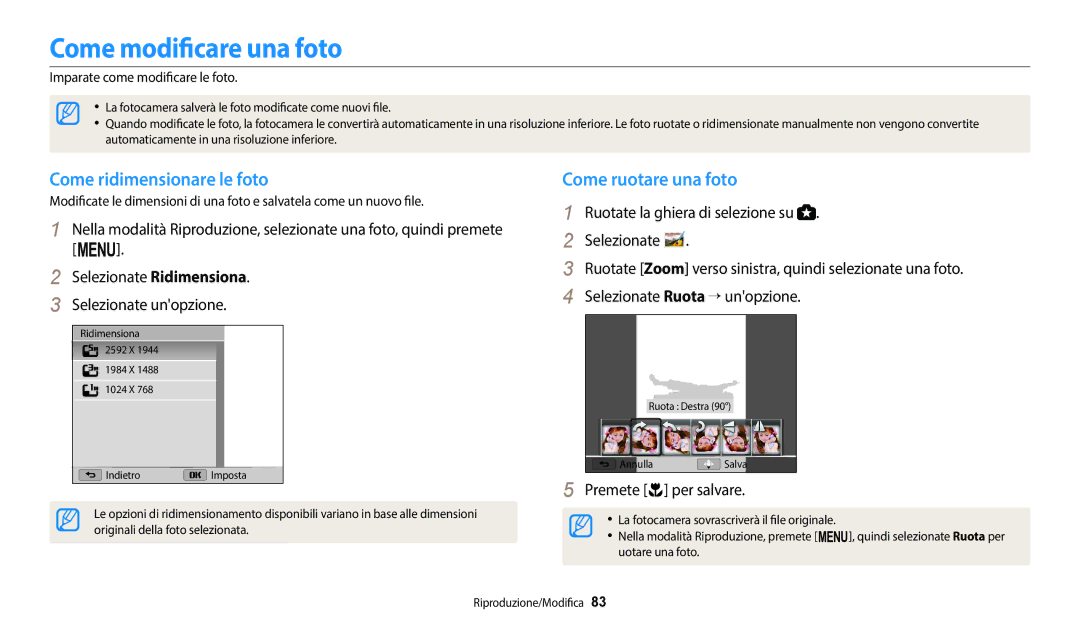 Samsung EC-WB1100BPBTR, EC-WB1100BPBE1 manual Come modificare una foto, Come ridimensionare le foto, Premete c per salvare 