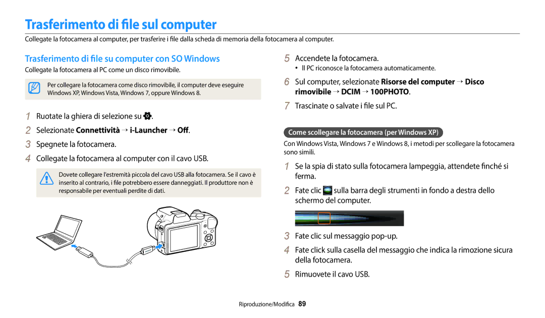 Samsung EC-WB1100BPBTR manual Trasferimento di file sul computer, Trasferimento di file su computer con SO Windows 