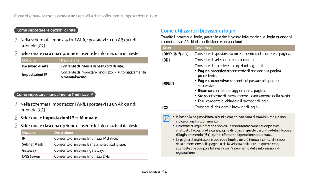 Samsung EC-WB1100BPBE1 manual Come utilizzare il browser di login, Selezionate Impostazioni IP → Manuale, Manualmente 