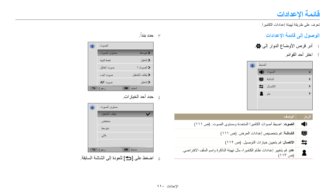 Samsung EC-WB1100BPBDZ, EC-WB1100BPRDZ تادادعلإا ةمئاق ىلإ لوصولا, ادنب ددح٣, ةقباسلا ةشاشلا ىلإ ةدوعلل r ىلع طغضا٥ 